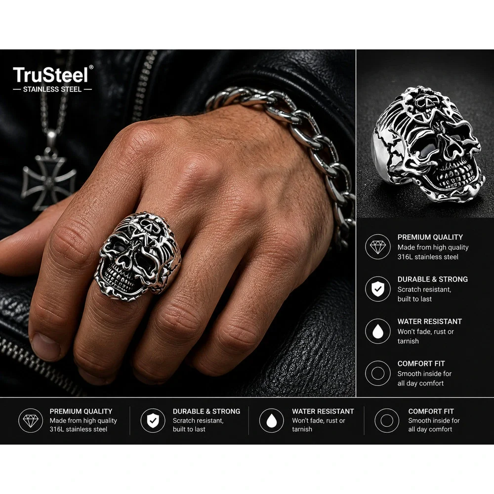 Men’s 316L stainless steel Silver Gothic biker skull hypoallergenic ring size 11